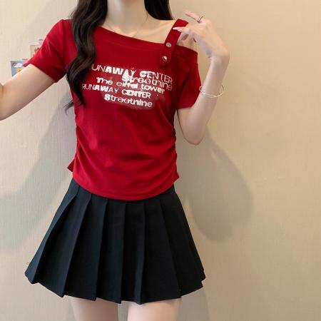FA56861#夏装新款胖mm大码女别致印花字母露肩弧形短袖T恤