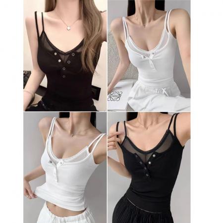 FA56862#夏季新款纯欲风假两件纽扣吊带背心修身显瘦固定带胸垫上衣