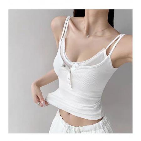 FA56862#夏季新款纯欲风假两件纽扣吊带背心修身显瘦固定带胸垫上衣