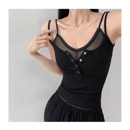 FA56862#夏季新款纯欲风假两件纽扣吊带背心修身显瘦固定带胸垫上衣