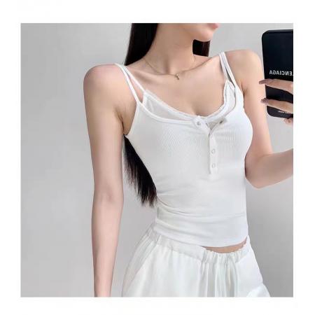 FA56862#夏季新款纯欲风假两件纽扣吊带背心修身显瘦固定带胸垫上衣