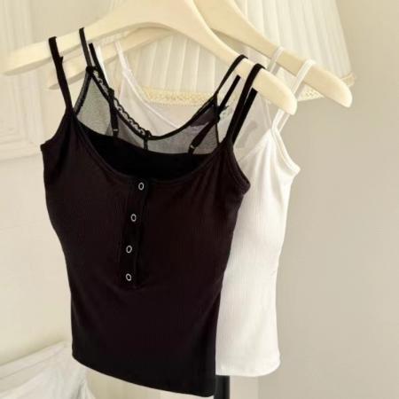 FA56862#夏季新款纯欲风假两件纽扣吊带背心修身显瘦固定带胸垫上衣