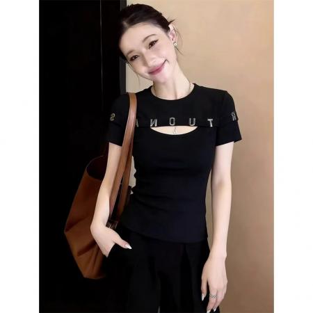 FA56863#心机镂空设计感字母短袖T恤女修身圆领小众百搭上