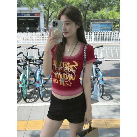 FA56864#性感U领露锁骨正肩短袖T恤女夏季美式辣妹渐变修身短款上衣潮