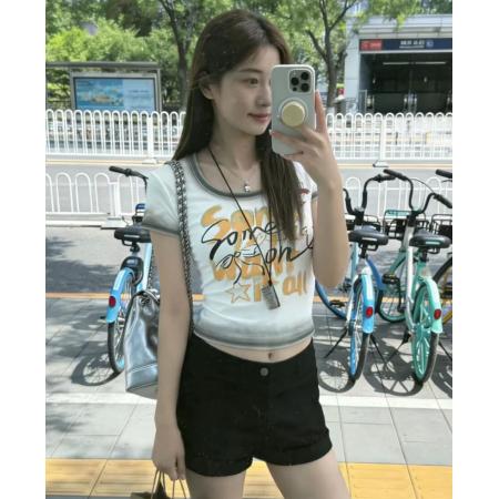 FA56864#性感U领露锁骨正肩短袖T恤女夏季美式辣妹渐变修身短款上衣潮