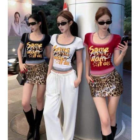 FA56864#性感U领露锁骨正肩短袖T恤女夏季美式辣妹渐变修身短款上衣潮