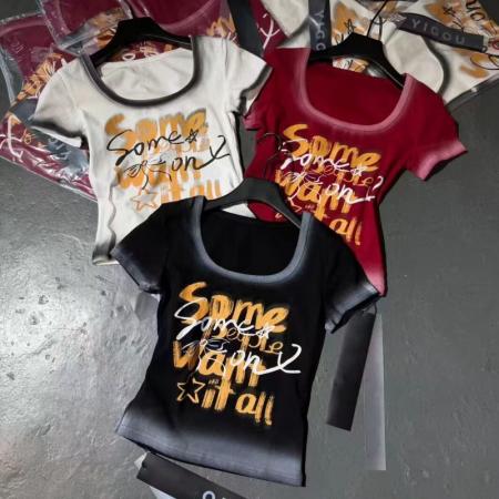 FA56864#性感U领露锁骨正肩短袖T恤女夏季美式辣妹渐变修身短款上衣潮