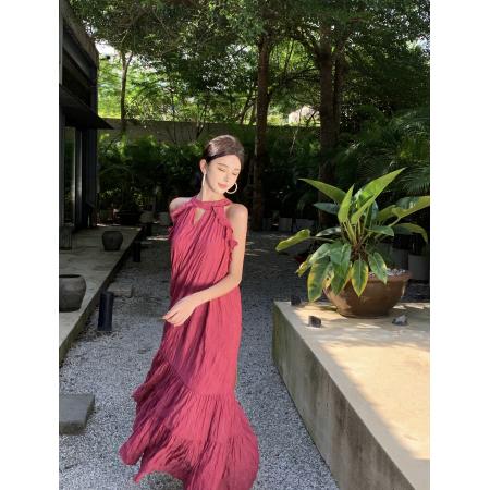 FA56864#度假风连衣裙女夏季新款中长款宽松显瘦挂脖吊带裙