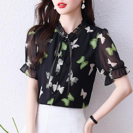 BY14259# 蝴蝶结印花雪纺衫女上衣夏装新款短袖洋气小衫宽松显瘦女衬衣 服裝批發女裝批發服飾貨源