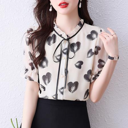 BY14259# 蝴蝶结印花雪纺衫女上衣夏装新款短袖洋气小衫宽松显瘦女衬衣 服裝批發女裝批發服飾貨源