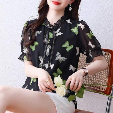 BY14259# 蝴蝶结印花雪纺衫女上衣夏装新款短袖洋气小衫宽松显瘦女衬衣 服裝批發女裝批發服飾貨源
