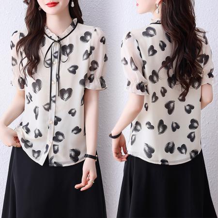 BY14259# 蝴蝶结印花雪纺衫女上衣夏装新款短袖洋气小衫宽松显瘦女衬衣 服裝批發女裝批發服飾貨源
