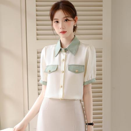 BY14262# 新款港风复古翻领牛仔拼接短袖雪纺衬衫女装夏季薄款撞色上衣 服裝批發女裝批發服飾貨源