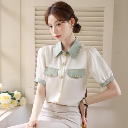 BY14262# 新款港风复古翻领牛仔拼接短袖雪纺衬衫女装夏季薄款撞色上衣 服裝批發女裝批發服飾貨源