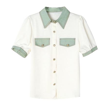 BY14262# 新款港风复古翻领牛仔拼接短袖雪纺衬衫女装夏季薄款撞色上衣 服裝批發女裝批發服飾貨源