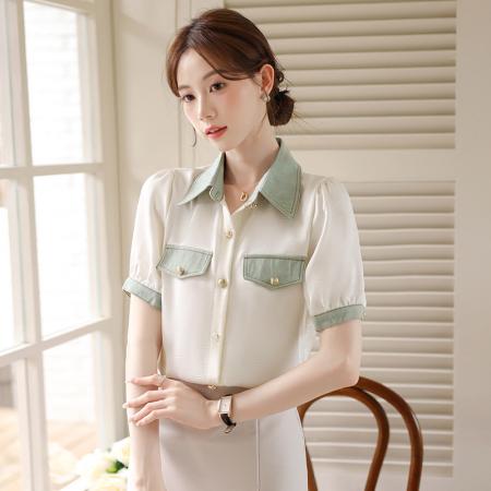 BY14262# 新款港风复古翻领牛仔拼接短袖雪纺衬衫女装夏季薄款撞色上衣 服裝批發女裝批發服飾貨源