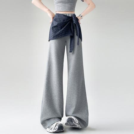 BY14263# 假两件格纹拼接休闲裤女春夏新款设计感屁帘阔腿裤高腰微喇长裤子 服裝批發女裝批發服飾貨源