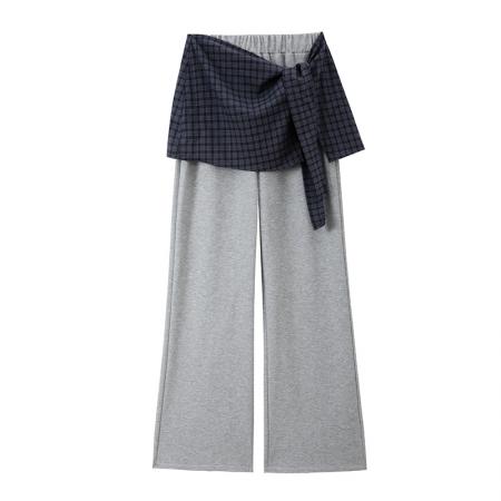 BY14263# 假两件格纹拼接休闲裤女春夏新款设计感屁帘阔腿裤高腰微喇长裤子 服裝批發女裝批發服飾貨源