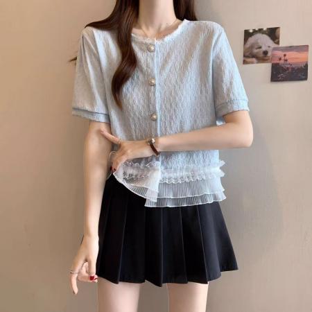 BY14267# 法式小香风短袖衬衫女夏装新款大码胖mm短款蕾丝花边上衣漂亮小衫 服裝批發女裝批發服飾貨源