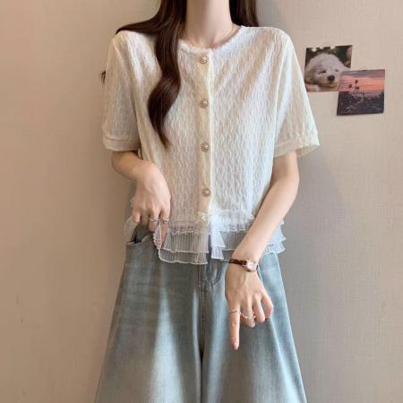 BY14267# 法式小香风短袖衬衫女夏装新款大码胖mm短款蕾丝花边上衣漂亮小衫 服裝批發女裝批發服飾貨源