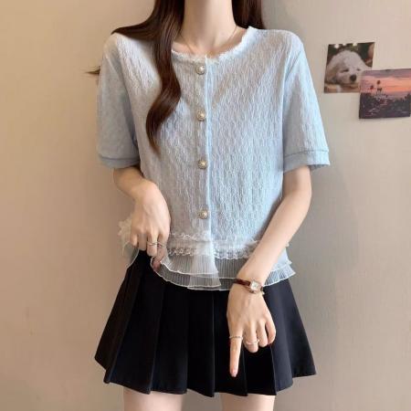 BY14267# 法式小香风短袖衬衫女夏装新款大码胖mm短款蕾丝花边上衣漂亮小衫 服裝批發女裝批發服飾貨源