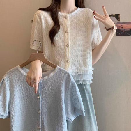 BY14267# 法式小香风短袖衬衫女夏装新款大码胖mm短款蕾丝花边上衣漂亮小衫 服裝批發女裝批發服飾貨源