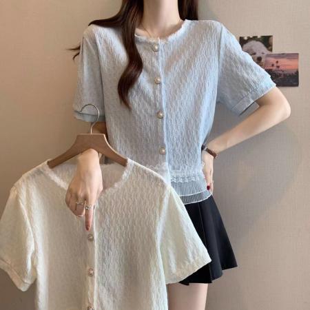 BY14267# 法式小香风短袖衬衫女夏装新款大码胖mm短款蕾丝花边上衣漂亮小衫 服裝批發女裝批發服飾貨源