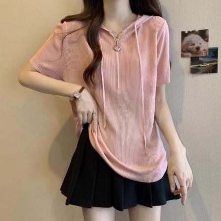 BY14268# 大码韩版拉链遮肚子短袖冰丝针织衫夏季胖妹妹显瘦正肩连帽打底衫 服裝批發女裝批發服飾貨源