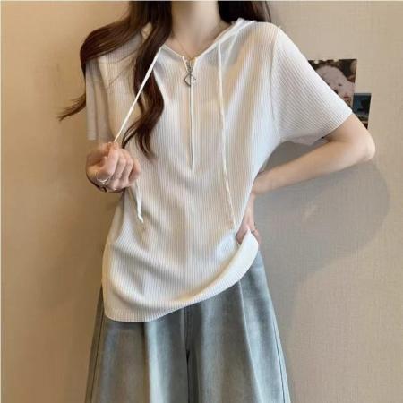 BY14268# 大码韩版拉链遮肚子短袖冰丝针织衫夏季胖妹妹显瘦正肩连帽打底衫 服裝批發女裝批發服飾貨源