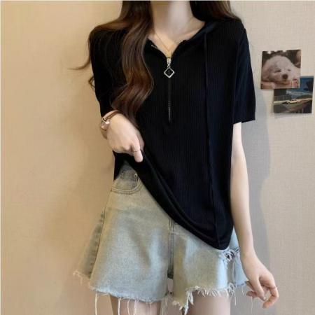 BY14268# 大码韩版拉链遮肚子短袖冰丝针织衫夏季胖妹妹显瘦正肩连帽打底衫 服裝批發女裝批發服飾貨源