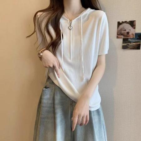 BY14268# 大码韩版拉链遮肚子短袖冰丝针织衫夏季胖妹妹显瘦正肩连帽打底衫 服裝批發女裝批發服飾貨源