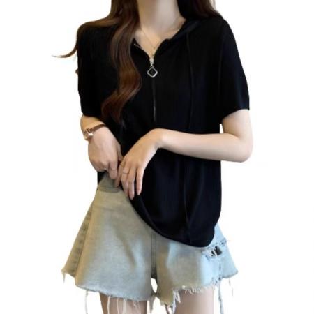 BY14268# 大码韩版拉链遮肚子短袖冰丝针织衫夏季胖妹妹显瘦正肩连帽打底衫 服裝批發女裝批發服飾貨源