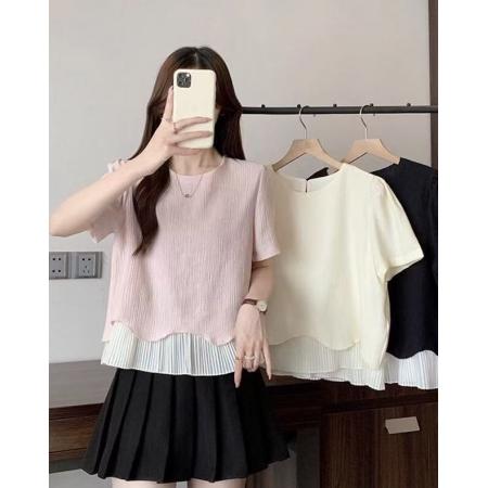 BY14269# 大码夏季新款胖MM宽松韩系温柔百搭拼接波浪下摆短袖T恤上衣 服裝批發女裝批發服飾貨源