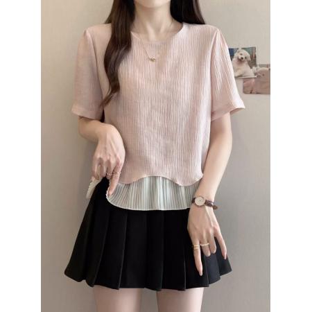 BY14269# 大码夏季新款胖MM宽松韩系温柔百搭拼接波浪下摆短袖T恤上衣 服裝批發女裝批發服飾貨源