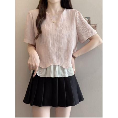 BY14269# 大码夏季新款胖MM宽松韩系温柔百搭拼接波浪下摆短袖T恤上衣 服裝批發女裝批發服飾貨源