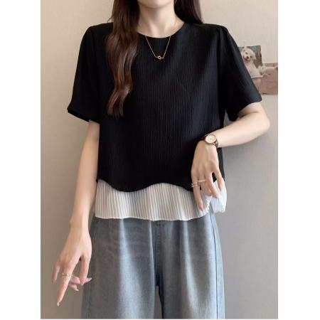 BY14269# 大码夏季新款胖MM宽松韩系温柔百搭拼接波浪下摆短袖T恤上衣 服裝批發女裝批發服飾貨源