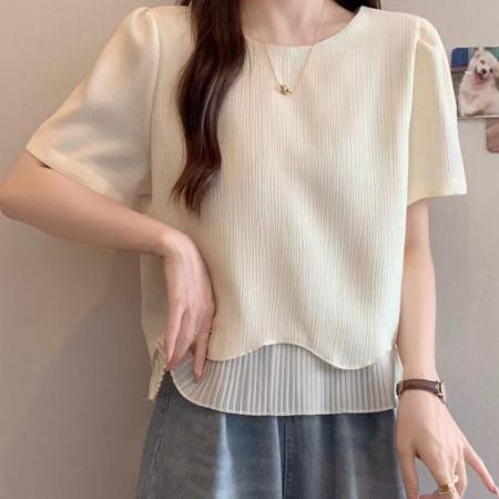 BY14269# 大码夏季新款胖MM宽松韩系温柔百搭拼接波浪下摆短袖T恤上衣 服裝批發女裝批發服飾貨源