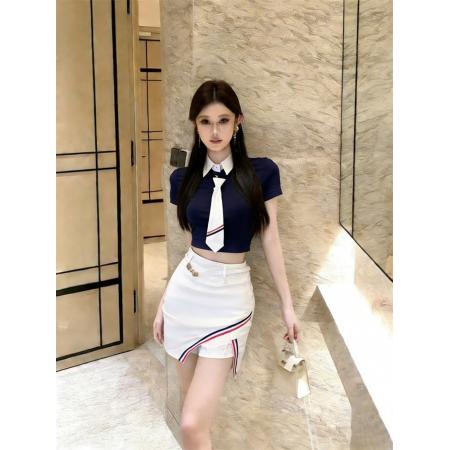 BY14281# 新款翻领短款上衣+领带+不规则裤裙套装配腰带 服裝批發女裝批發服飾貨源