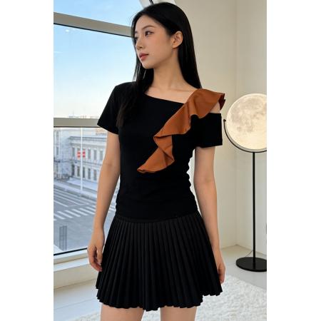 BY14288# 新夏季韩版洋气修身女上衣短袖拼荷叶边撞色T恤百搭时尚小衫 服裝批發女裝批發服飾貨源