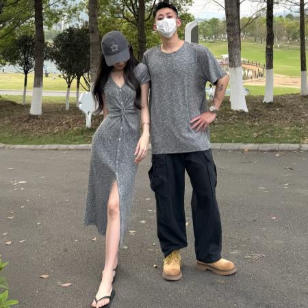 BY14290# 美式情侣装修身连衣裙男圆领T恤 服裝批發女裝批發服飾貨源