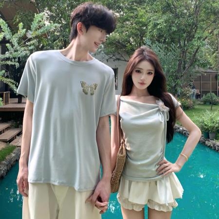 BY14291# 纯棉情侣T恤性感小漏肩抽绳度假风上衣 服裝批發女裝批發服飾貨源