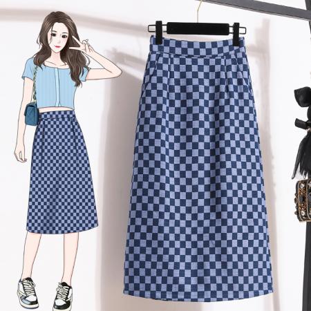 BY14294# 夏新款大码洋气格子牛仔半身裙胖MM高腰中长款休闲半身裙 服裝批發女裝批發服飾貨源