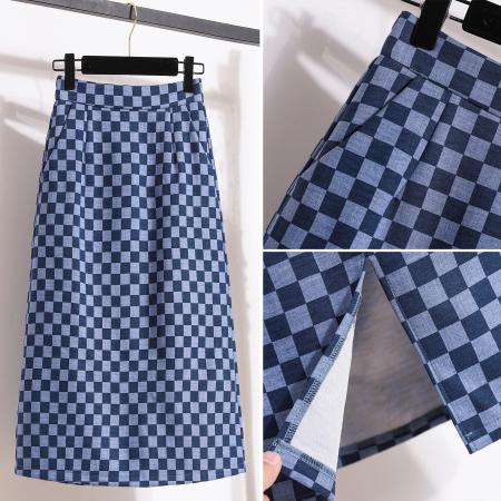 BY14294# 夏新款大码洋气格子牛仔半身裙胖MM高腰中长款休闲半身裙 服裝批發女裝批發服飾貨源