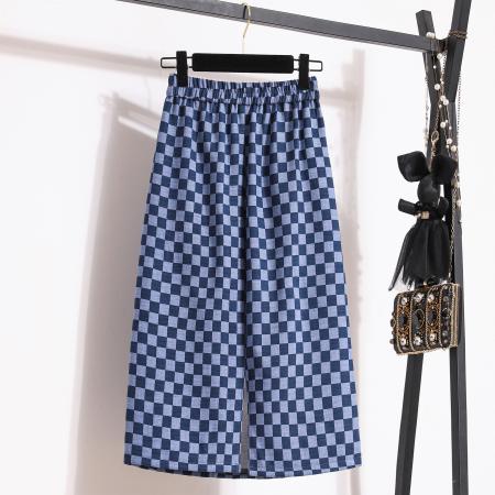 BY14294# 夏新款大码洋气格子牛仔半身裙胖MM高腰中长款休闲半身裙 服裝批發女裝批發服飾貨源
