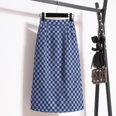 BY14294# 夏新款大码洋气格子牛仔半身裙胖MM高腰中长款休闲半身裙 服裝批發女裝批發服飾貨源