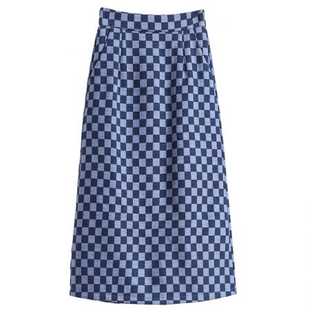 BY14294# 夏新款大码洋气格子牛仔半身裙胖MM高腰中长款休闲半身裙 服裝批發女裝批發服飾貨源