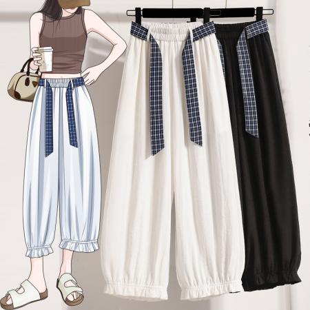 BY14295# 夏新大码宽松薄款束脚休闲八分女裤胖MM松紧腰高腰九分阔腿裤 服裝批發女裝批發服飾貨源