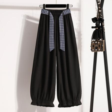 BY14295# 夏新大码宽松薄款束脚休闲八分女裤胖MM松紧腰高腰九分阔腿裤 服裝批發女裝批發服飾貨源