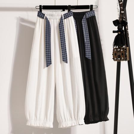 BY14295# 夏新大码宽松薄款束脚休闲八分女裤胖MM松紧腰高腰九分阔腿裤 服裝批發女裝批發服飾貨源