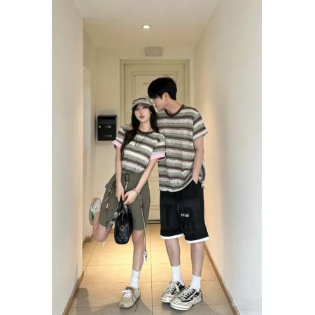 BY14298# 情侣海港利亚夏撞色条纹圆领短袖拼接设计针织T连衣裙 服裝批發女裝批發服飾貨源